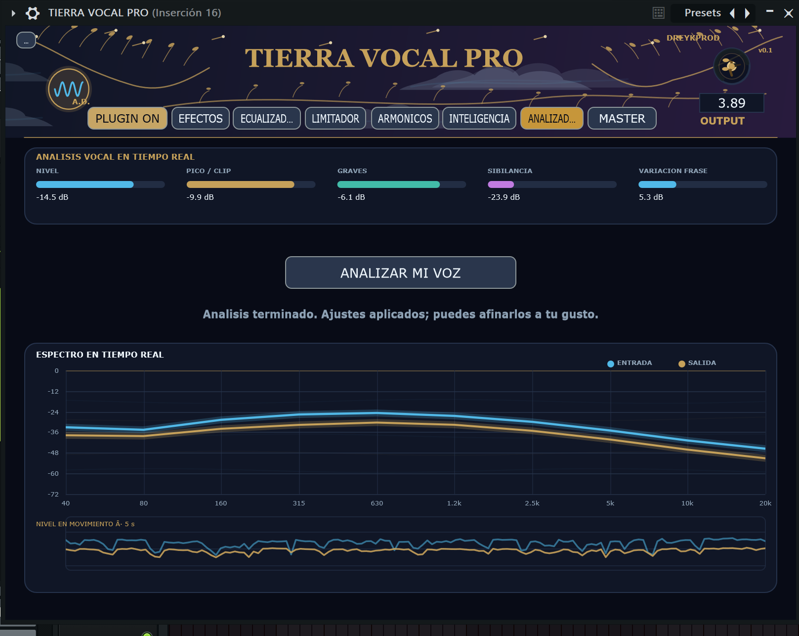 Analizador vocal con espectro de entrada y salida