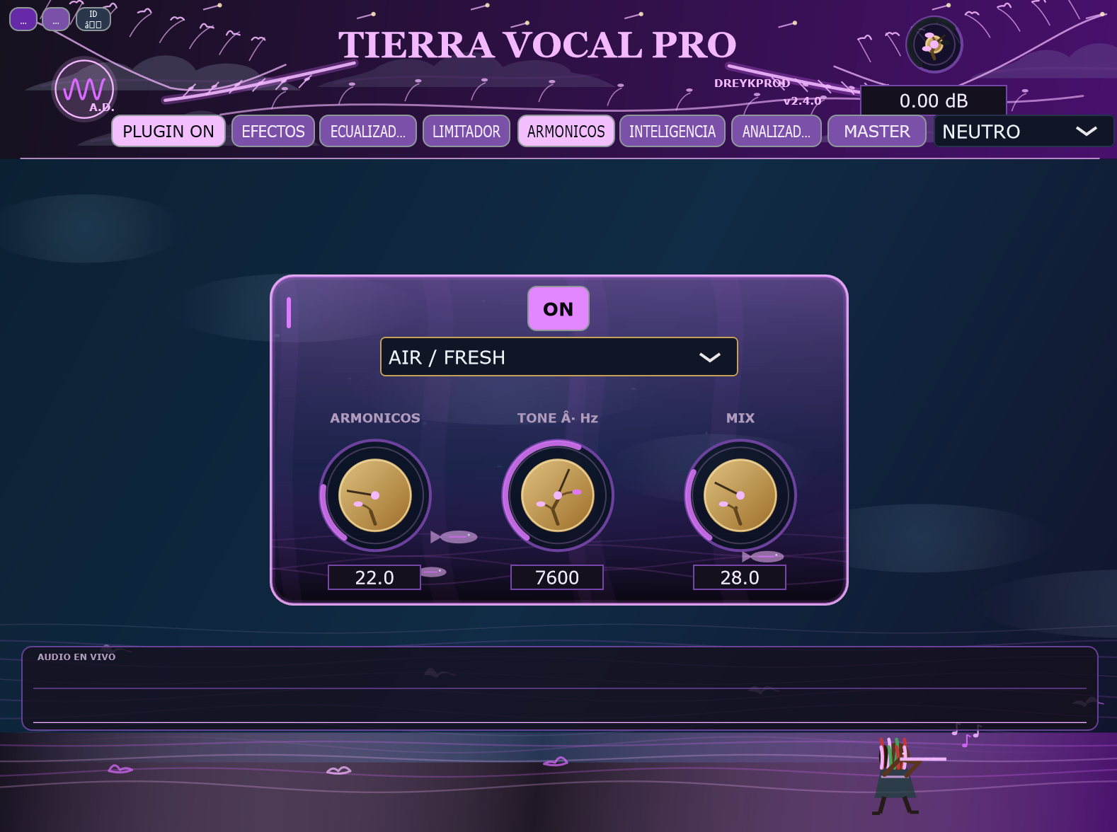 Armónicos con selector de estilo, tono y mezcla